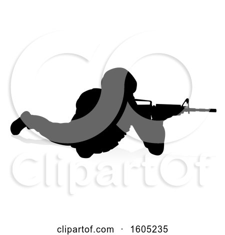 Clipart of a Silhouetted Male Armed Soldier, with a Reflection or Shadow, on a White Background - Royalty Free Vector Illustration by AtStockIllustration