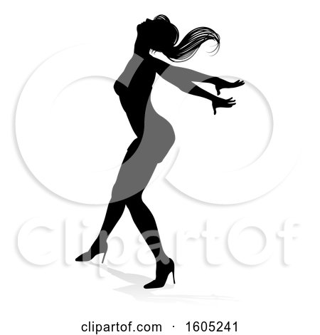 Clipart of a Silhouetted Female Dancer in Heels, with a Shadow, on a White Background - Royalty Free Vector Illustration by AtStockIllustration