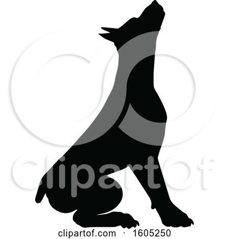 Clipart of a Black Silhouetted Dobermann Dog Sitting - Royalty Free Vector Illustration by AtStockIllustration
