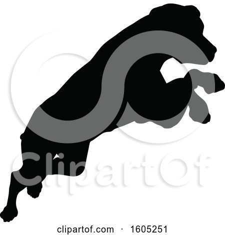 Clipart of a Black Silhouetted Dog Jumping - Royalty Free Vector Illustration by AtStockIllustration