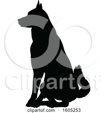 Clipart of a Black Silhouetted German Shepherd Dog Sitting - Royalty Free Vector Illustration by AtStockIllustration