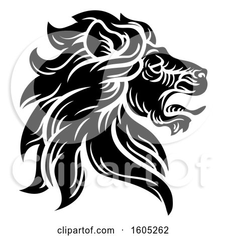 Clipart of a Black and White Male Lion Coat of Arms Head - Royalty Free Vector Illustration by AtStockIllustration
