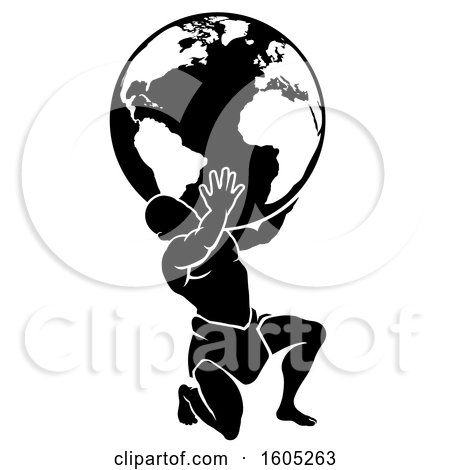 Clipart of a Silhouetted Black and White Atlas Titan Man Carrying a Globe - Royalty Free Vector Illustration by AtStockIllustration