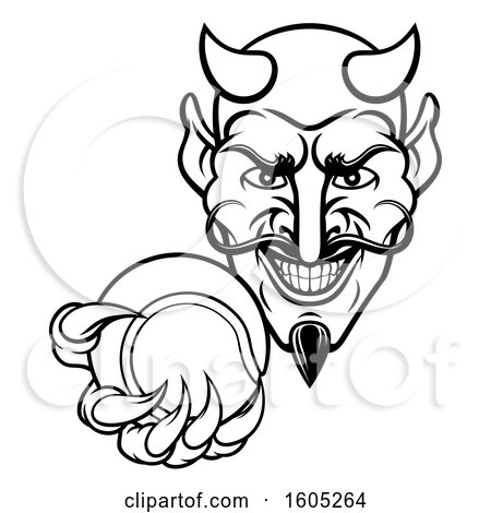 Clipart of a Black and White Grinning Evil Devil Holding out a Tennis Ball in a Clawed Hand - Royalty Free Vector Illustration by AtStockIllustration