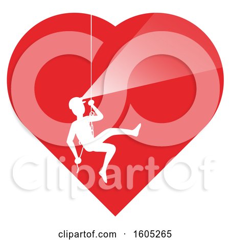 Clipart of a Silhouetted Cave Explorer Descending in a Heart, with a White Outline - Royalty Free Vector Illustration by Zooco