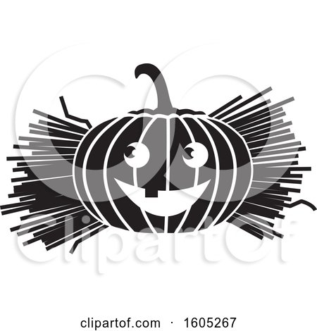 Clipart of a Black and White Halloween Jackolantern Pumpkin with Straw or Hay - Royalty Free Vector Illustration by Johnny Sajem