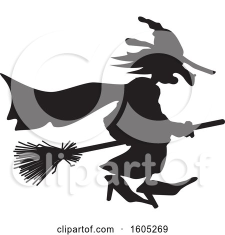 Clipart of a Silhouetted Black Andwhite Halloween Witch Flying - Royalty Free Vector Illustration by Johnny Sajem