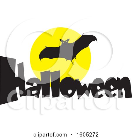 Clipart of a Flying Halloween Vampire Bat over the Word Halloween and a Full Moon - Royalty Free Vector Illustration by Johnny Sajem