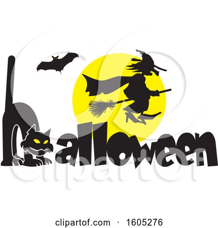 Clipart of a Silhouetted Bat and Witch Flying Against a Full Moon over a Cat Forming an H in the Word Halloween - Royalty Free Vector Illustration by Johnny Sajem