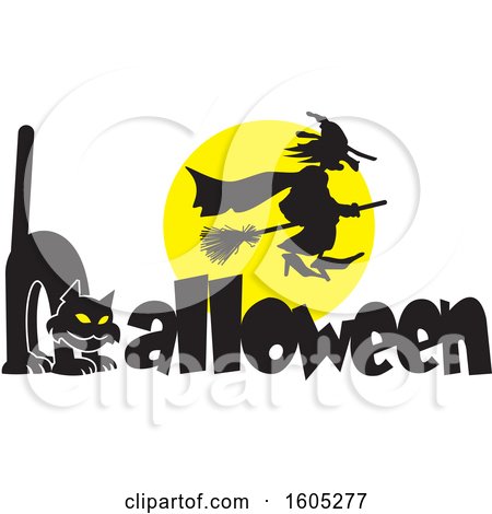 Clipart of a Silhouetted Witch Flying Against a Full Moon over a Cat Forming an H in the Word Halloween - Royalty Free Vector Illustration by Johnny Sajem