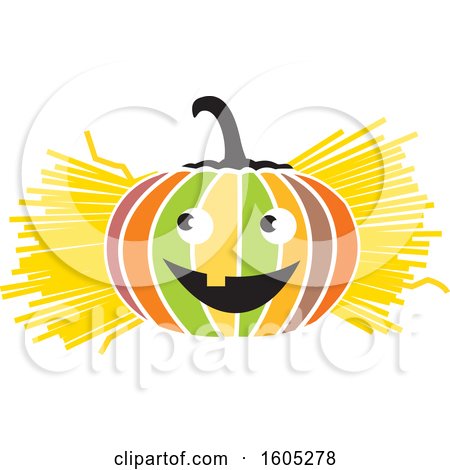 Clipart of a Colorful Halloween Jackolantern Pumpkin with Straw or Hay - Royalty Free Vector Illustration by Johnny Sajem