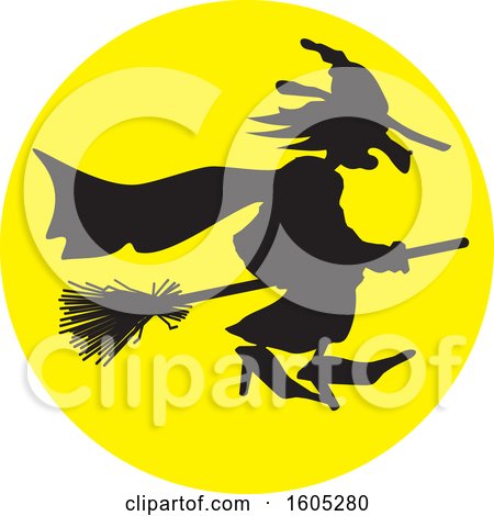 Clipart of a Silhouetted Halloween Witch Flying Against a Full Moon - Royalty Free Vector Illustration by Johnny Sajem