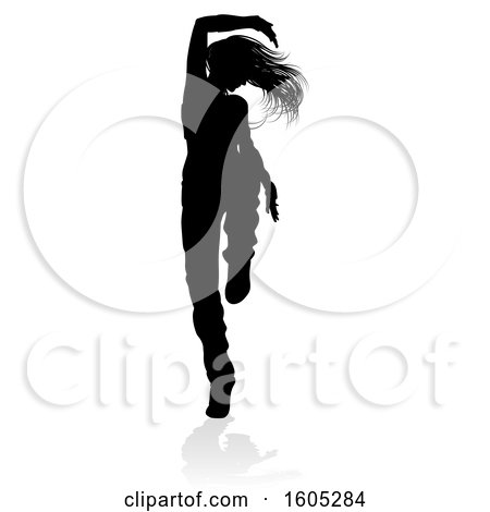 Clipart of a Silhouetted Female Hip Hop Dancer, with a Reflection or Shadow, on a White Background - Royalty Free Vector Illustration by AtStockIllustration