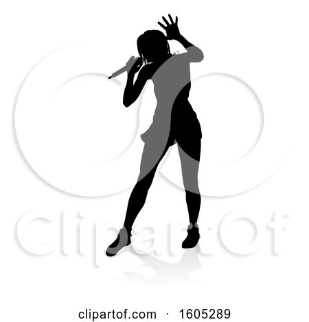 Clipart of a Silhouetted Female Singer, with a Reflection or Shadow, on a White Background - Royalty Free Vector Illustration by AtStockIllustration