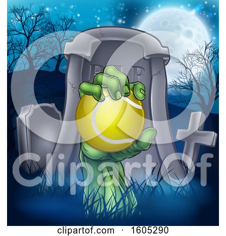 Clipart of a Rising Zombie Hand Holding a Tennis Ball in a Cemetery - Royalty Free Vector Illustration by AtStockIllustration