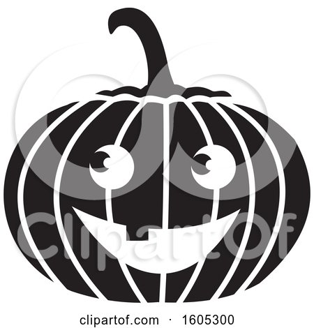 Clipart of a Black and White Smiling Halloween Jackolantern Pumpkin - Royalty Free Vector Illustration by Johnny Sajem