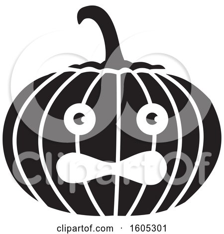 Clipart of a Black and White Scared Halloween Jackolantern Pumpkin - Royalty Free Vector Illustration by Johnny Sajem