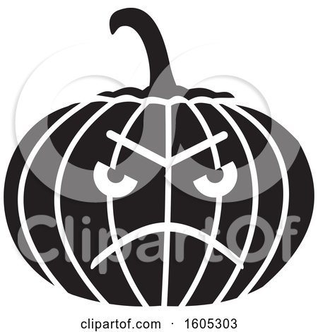 Clipart of a Black and White Angry Halloween Jackolantern Pumpkin - Royalty Free Vector Illustration by Johnny Sajem