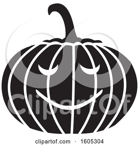 Clipart of a Black and White Halloween Jackolantern Pumpkin - Royalty Free Vector Illustration by Johnny Sajem