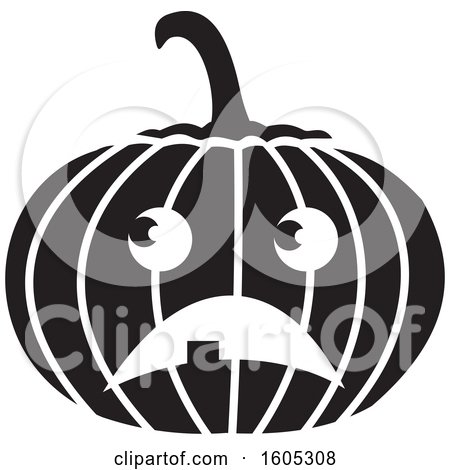 Clipart of a Black and White Frowning Halloween Jackolantern Pumpkin - Royalty Free Vector Illustration by Johnny Sajem