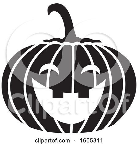 Clipart of a Black and White Laughing Halloween Jackolantern Pumpkin - Royalty Free Vector Illustration by Johnny Sajem