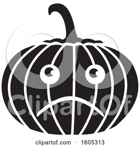 Clipart of a Black and White Depressed Halloween Jackolantern Pumpkin - Royalty Free Vector Illustration by Johnny Sajem