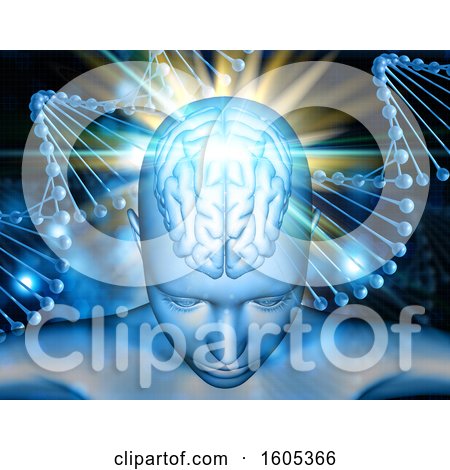 Clipart of a 3D Render of a Medical Background with Female Figure with Brain Highlighted on DNA Strands - Royalty Free Illustration by KJ Pargeter