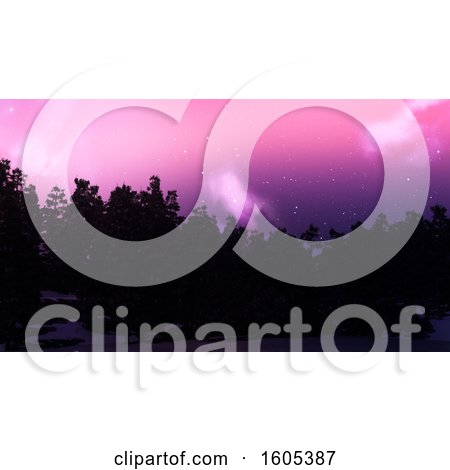 Clipart of a Starry Night Sky and 3d Silhouetted Tree Line - Royalty Free Illustration by KJ Pargeter