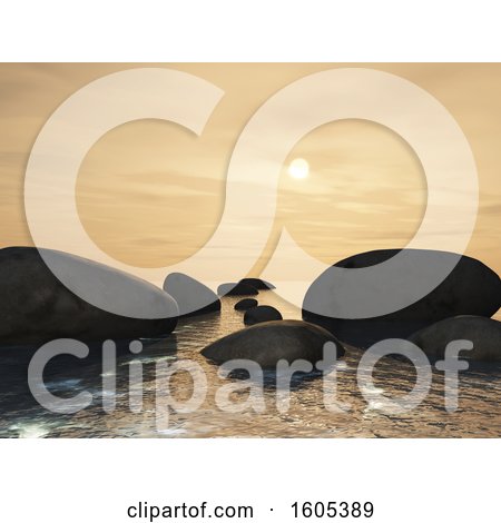 Clipart of a 3d Landscape with Rocks in the Ocean at Sunset - Royalty Free Illustration by KJ Pargeter