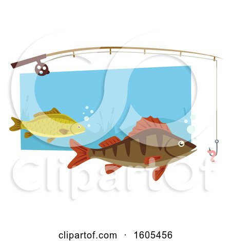 Clipart of a Fishing Rod over Fish - Royalty Free Vector Illustration by Vector Tradition SM