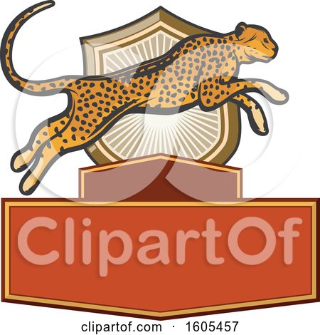 Clipart of a Leaping Cheetah over a Shield and Banners - Royalty Free Vector Illustration by Vector Tradition SM