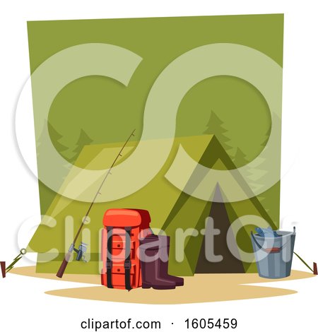 Clipart of a Tent with Camping and Fishing Gear - Royalty Free Vector Illustration by Vector Tradition SM
