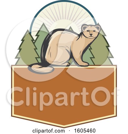 Clipart of a Weasel and Evergreen Trees over a Blank Shield - Royalty Free Vector Illustration by Vector Tradition SM