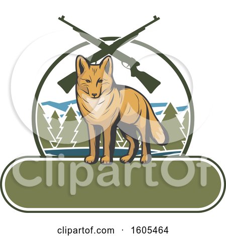 Clipart of a Coyote and Hunting Rifles over a Blank Banner - Royalty Free Vector Illustration by Vector Tradition SM