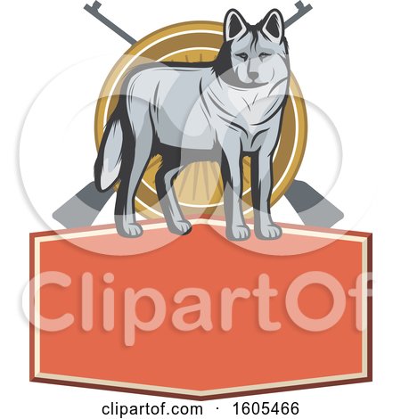 Clipart of a Wolf and Hunting Rifles over a Blank Banner - Royalty Free Vector Illustration by Vector Tradition SM