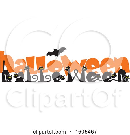 Clipart of a Flying Bat over Black Cats Forming Letters in the Word Halloween and Orange Text - Royalty Free Vector Illustration by Johnny Sajem