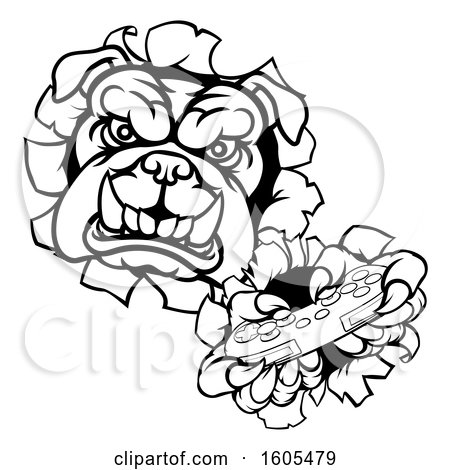 Clipart of a Black and White Bulldog Holding a Video Game Controller and Breaking Through a Wall - Royalty Free Vector Illustration by AtStockIllustration
