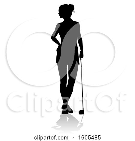 Clipart of a Silhouetted Female Golfer, with a Reflection or Shadow, on a White Background - Royalty Free Vector Illustration by AtStockIllustration