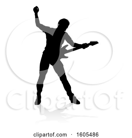 Clipart of a Silhouetted Male Guitarist, with a Reflection or Shadow, on a White Background - Royalty Free Vector Illustration by AtStockIllustration