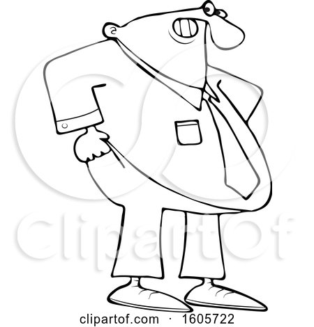 Clipart of a Cartoon Lineart Chubby Black Business Man Pulling up His Pants - Royalty Free Vector Illustration by djart