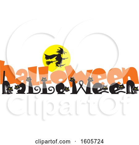Clipart of a Line of Cats Spelling the Word Halloween with Orange Text Under a Silhouetted Flying Witch - Royalty Free Vector Illustration by Johnny Sajem