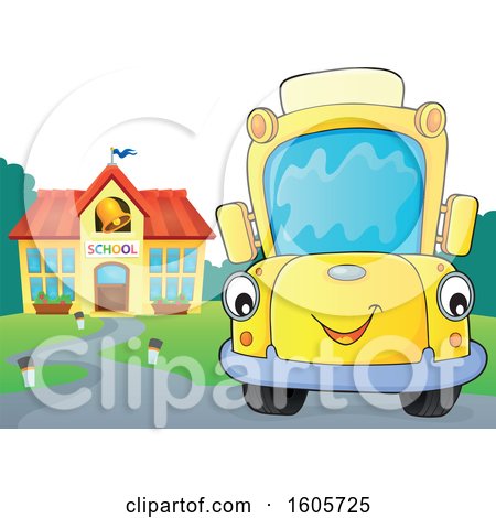 Clipart of a Happy Yellow School Bus by a Building - Royalty Free Vector Illustration by visekart