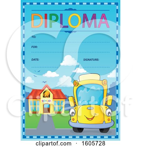 Clipart of a Diploma with a Happy Yellow School Bus by a Building - Royalty Free Vector Illustration by visekart