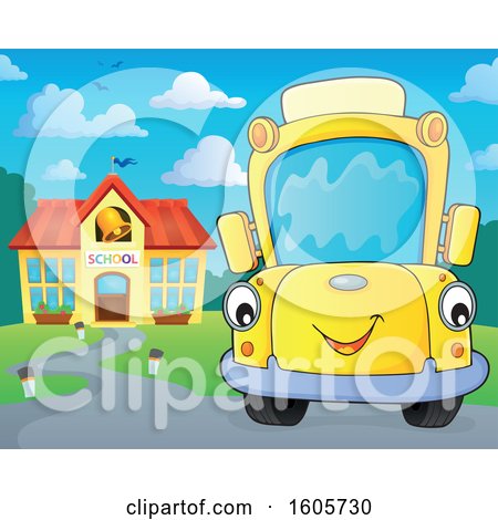 Clipart of a Happy Yellow School Bus by a Building on a Sunny Day - Royalty Free Vector Illustration by visekart