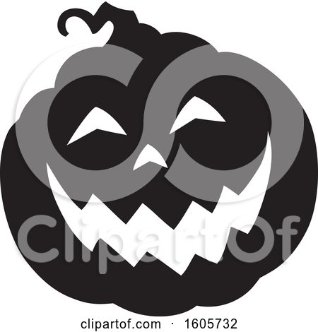 Clipart of a Black and White Silhouetted Carved Halloween Jackolantern Pumpkin - Royalty Free Vector Illustration by visekart