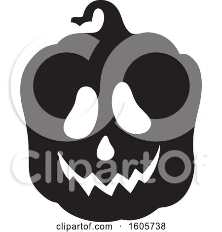 Clipart of a Black and White Silhouetted Carved Halloween Jackolantern Pumpkin - Royalty Free Vector Illustration by visekart