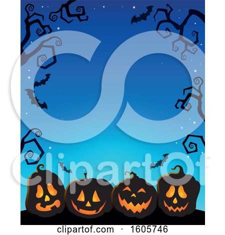 Clipart of a Blue Halloween Background with Illuminated Jackolantern Pumpkins Bats and Bare Branches - Royalty Free Vector Illustration by visekart