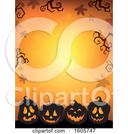 Clipart of a Halloween Background with Illuminated Jackolantern Pumpkins and Bare Branches on Orange - Royalty Free Vector Illustration by visekart