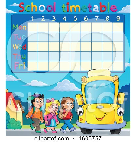 Clipart of a Time Table with a Happy Yellow School Bus and Children at a Stop - Royalty Free Vector Illustration by visekart
