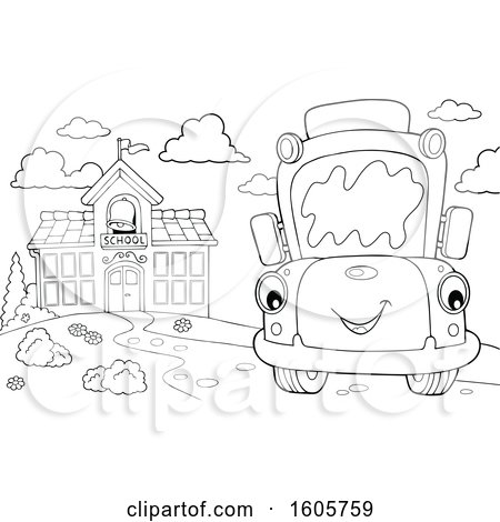 Clipart of a Black and White Happy School Bus by a Building - Royalty Free Vector Illustration by visekart